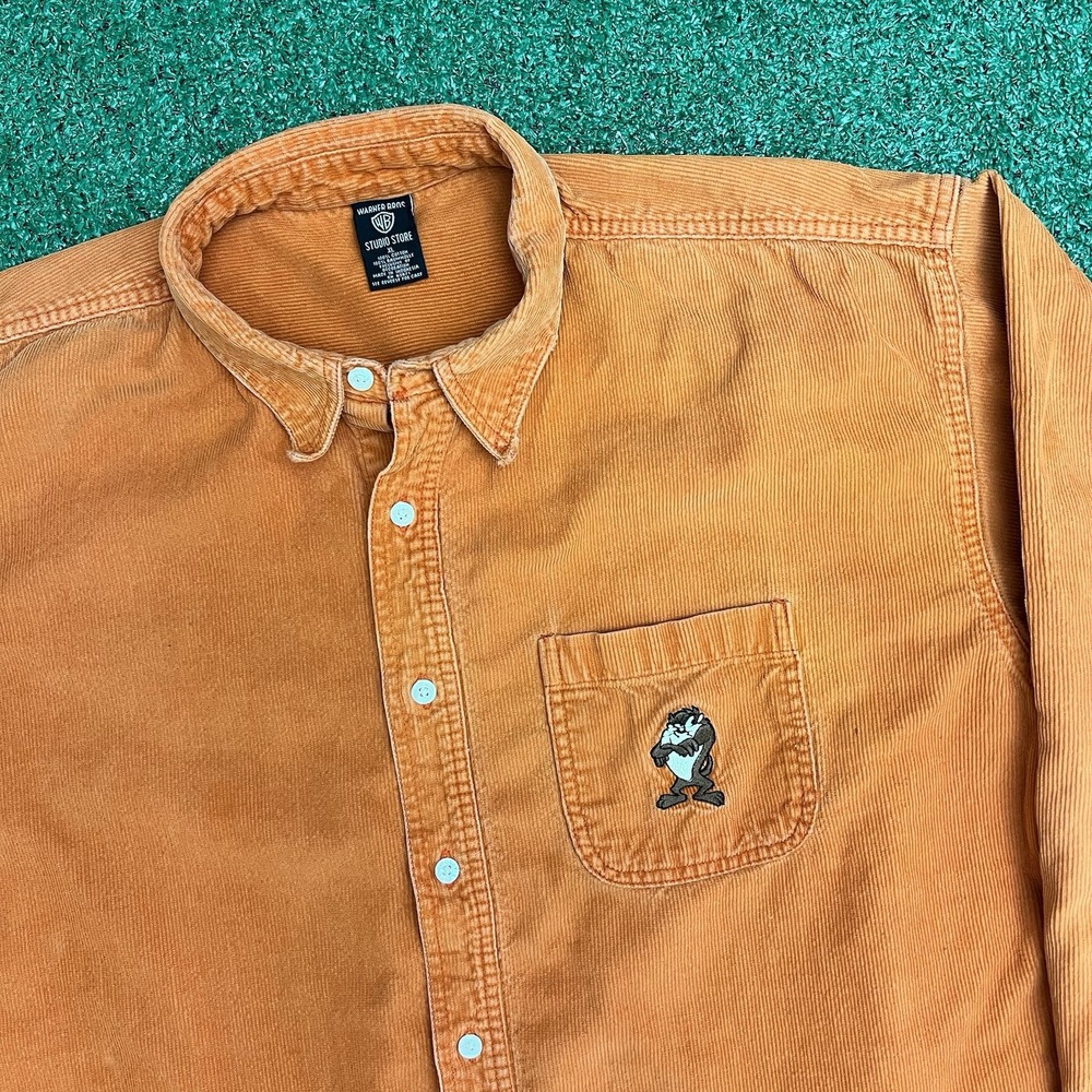Vintage 1997 Warner Bros Taz Embroidered Corduroy LS Buttonup Sz XL Orange